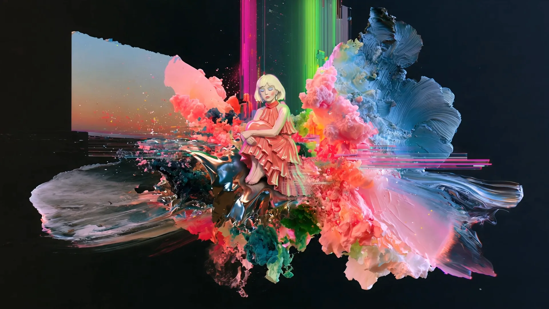 A figure in a coral dress opens doors into different painted worlds. At one point she sits hugging her knees, eyes closed, amid bursts of thick paint in pink, coral, green and blue against black, an open doorway to a dusky sky behind her.