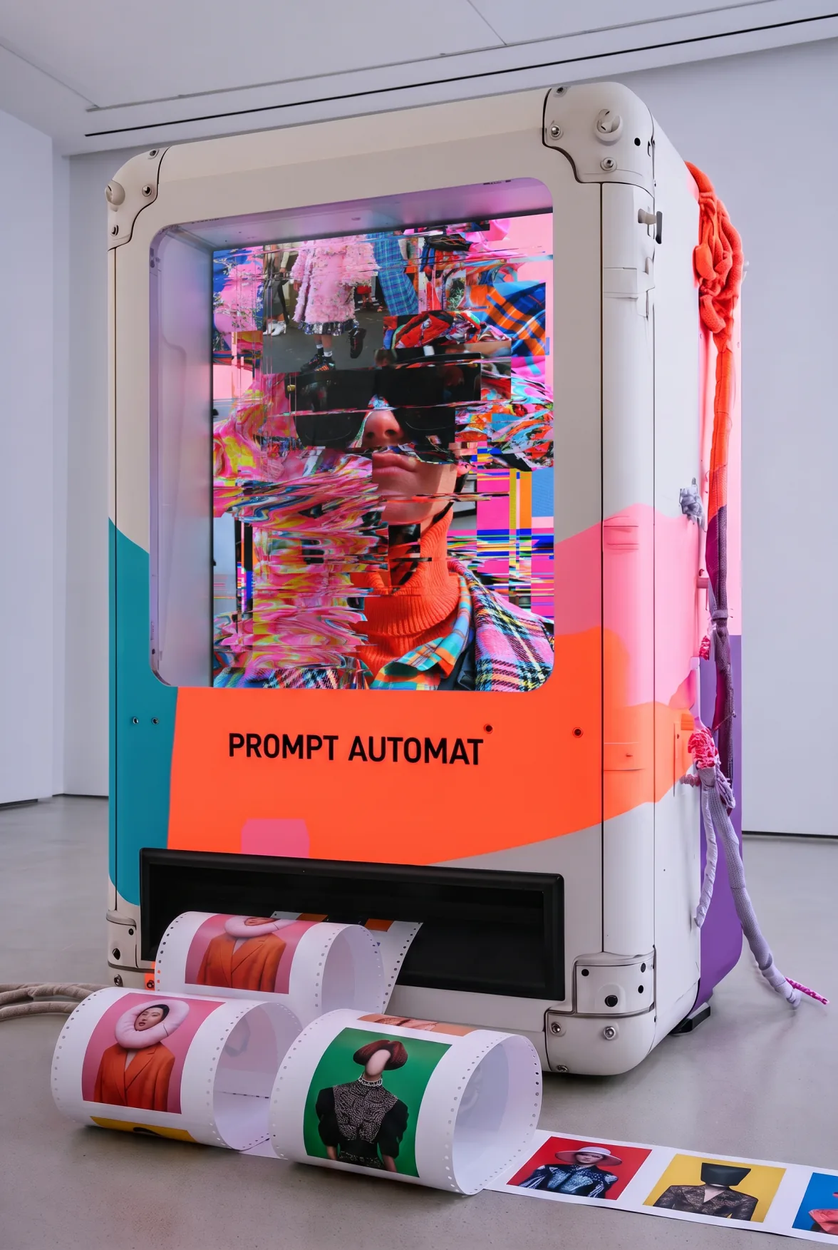 A white machine labelled PROMPT AUTOMAT stands in a gallery. Behind its glass, portraits of people in street fashion flicker and break apart into strips and blocks of colour, one after another; a paper strip of printed fashion figures unrolls from its slot across the floor.