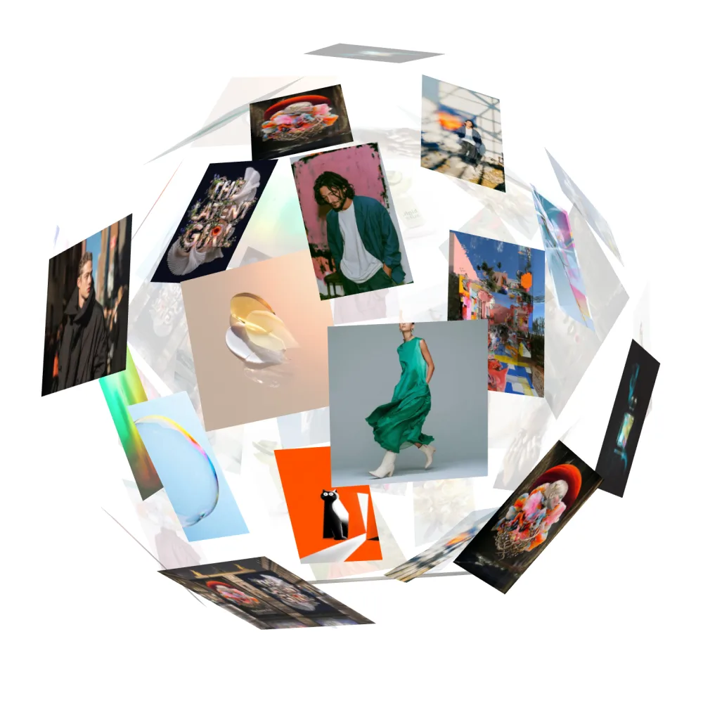 A sphere of images that can be turned: portraits, fashion, flowers, still lifes and gallery scenes, many of them generated, side by side.
