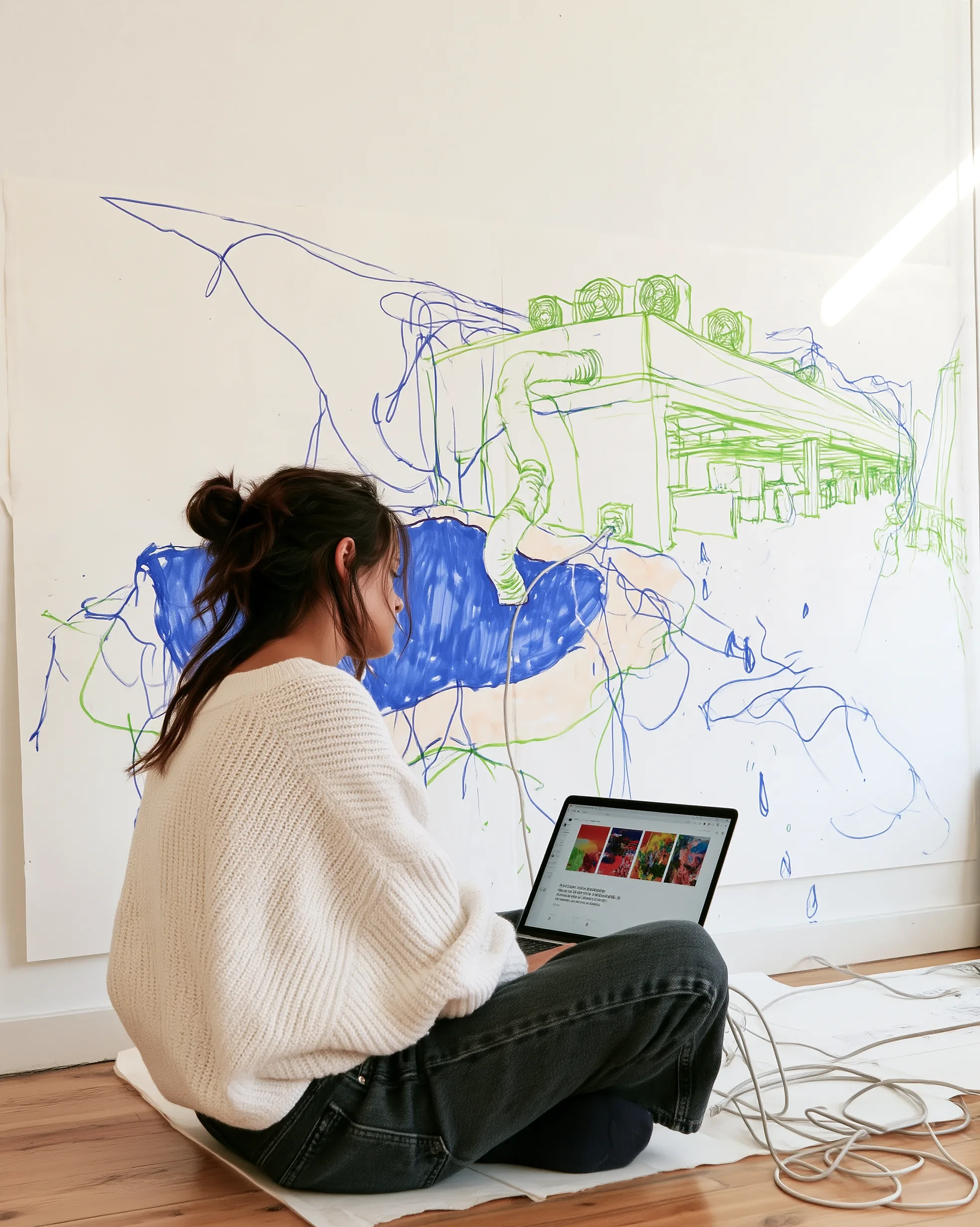 Water: a woman in a white jumper sits on the floor with a laptop, cables around her, in front of a wall drawing of a building with cooling units and a large patch of blue water.