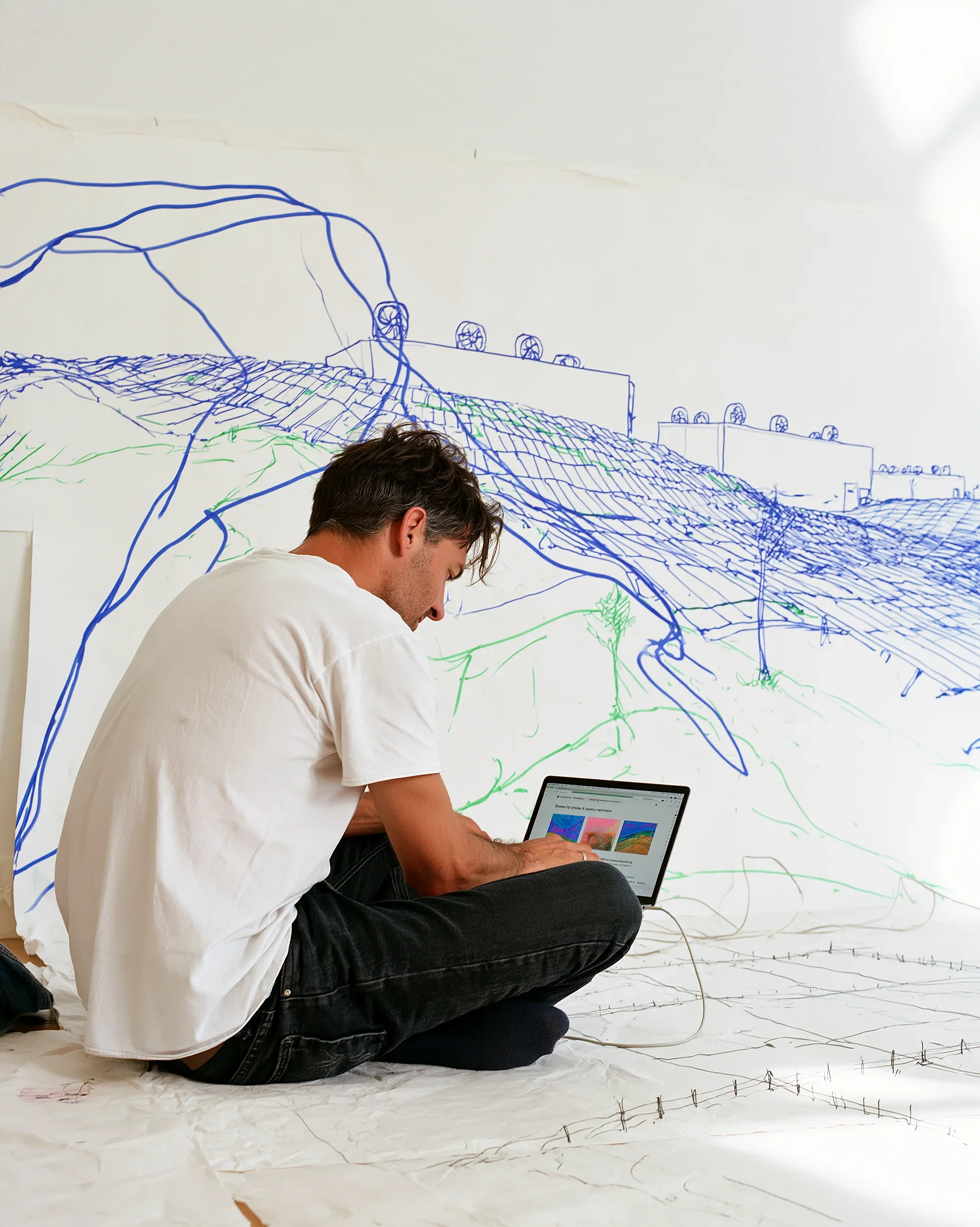 Land: a man in a white T-shirt sits cross-legged on paper on the floor with a laptop, in front of a wall drawing of long rows of buildings spreading over the land, blue lines running across them like roots.